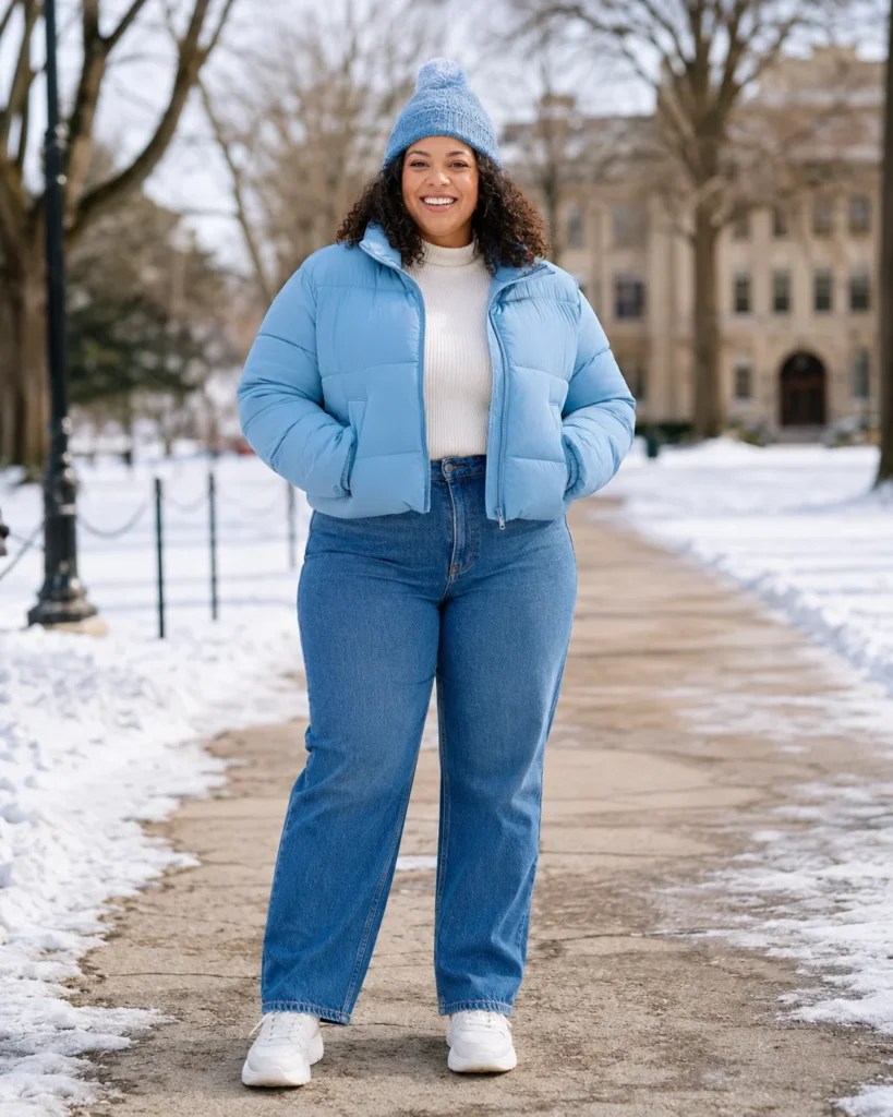Straight-Leg Jeans + Cropped Puffer Jacket
