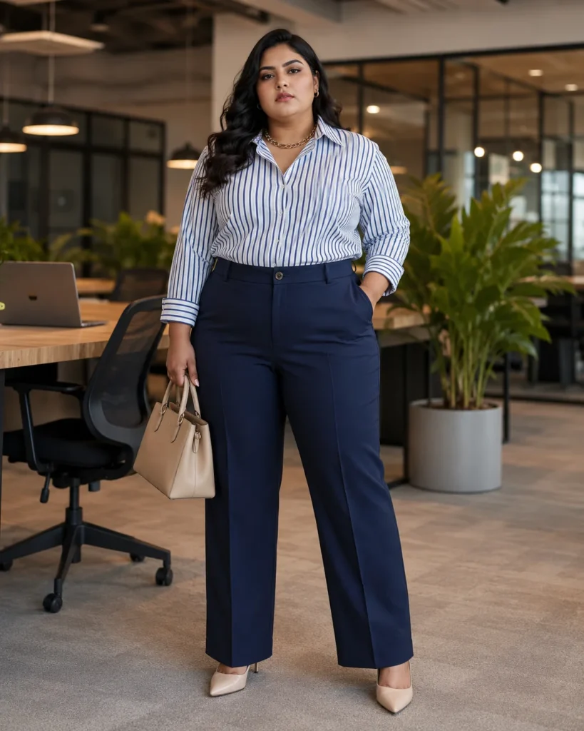 Straight-Leg Trousers, Button-Down and Statement Necklace