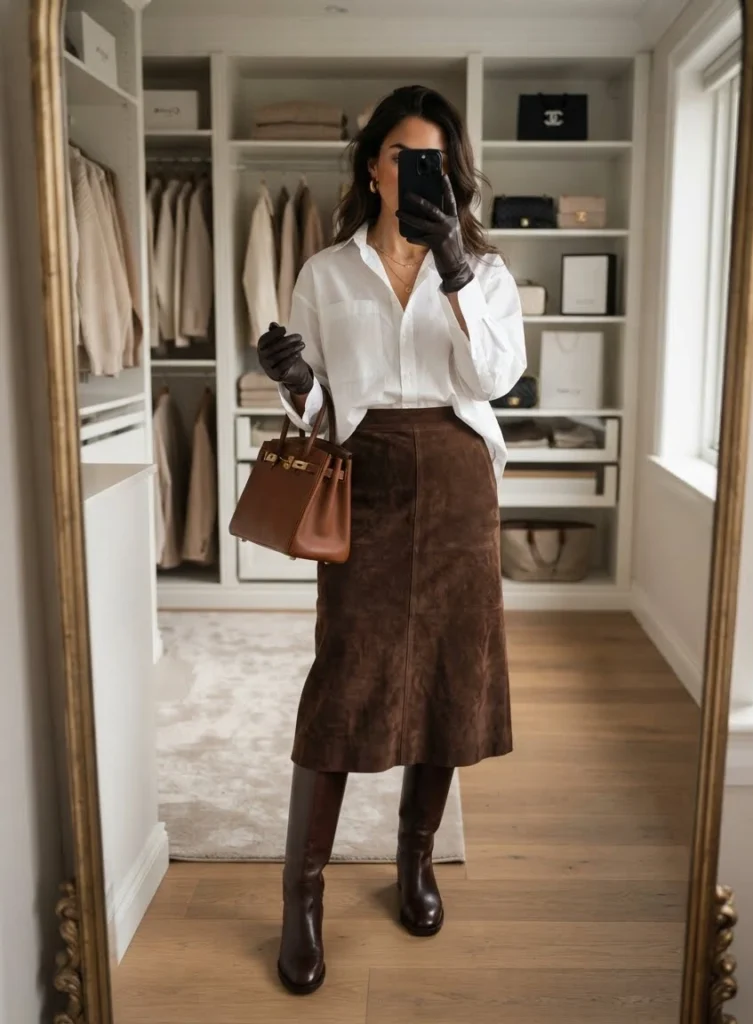 Suede Skirt With a Simple White