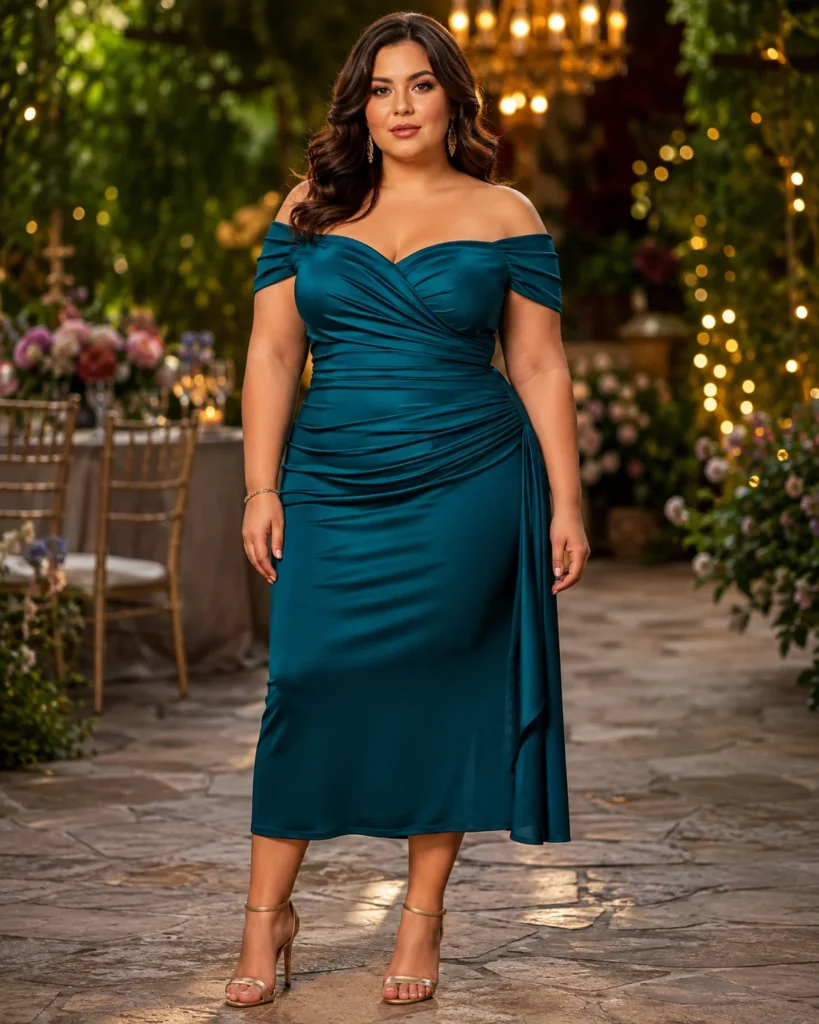 Teal Off-Shoulder Midi Dress with a Ruched Bodice