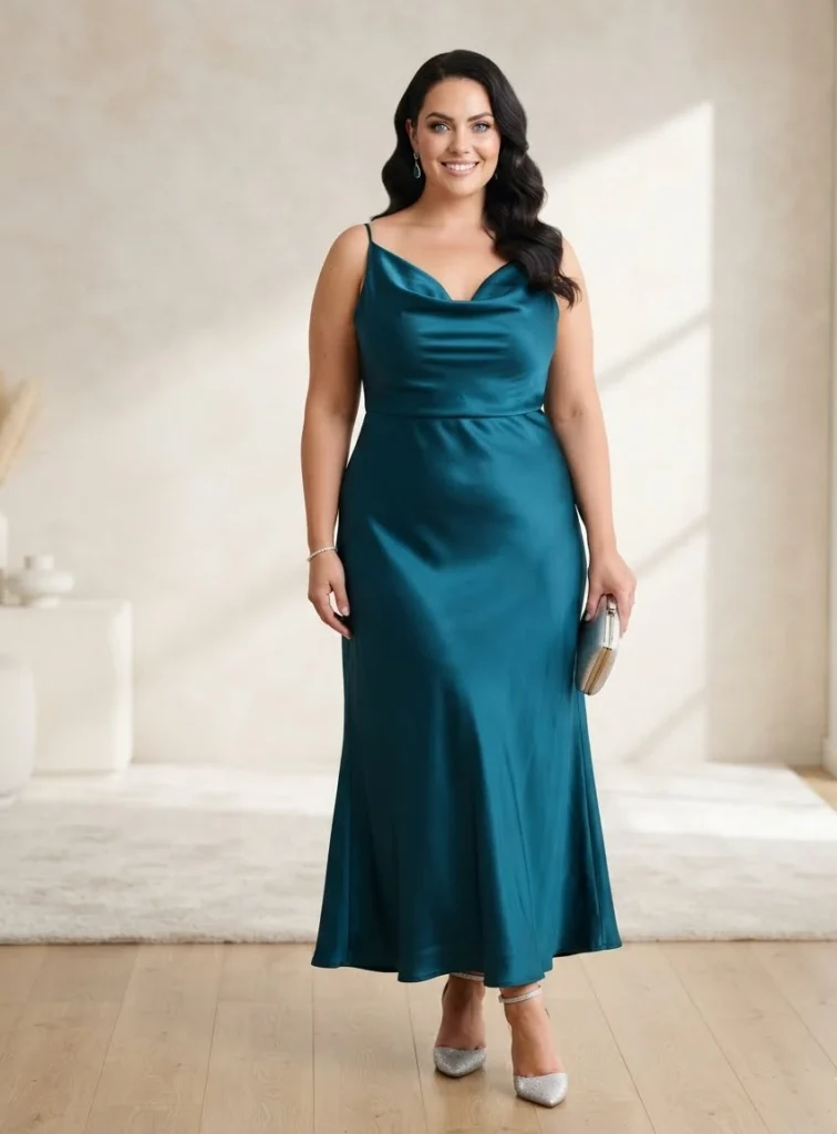 Teal Satin Cowl Neck Maxi Dress