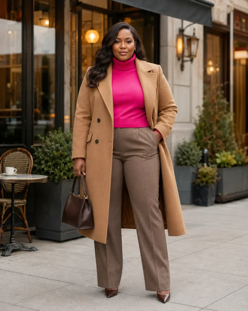 The Camel Wool Coat and Hot Pink Turtleneck