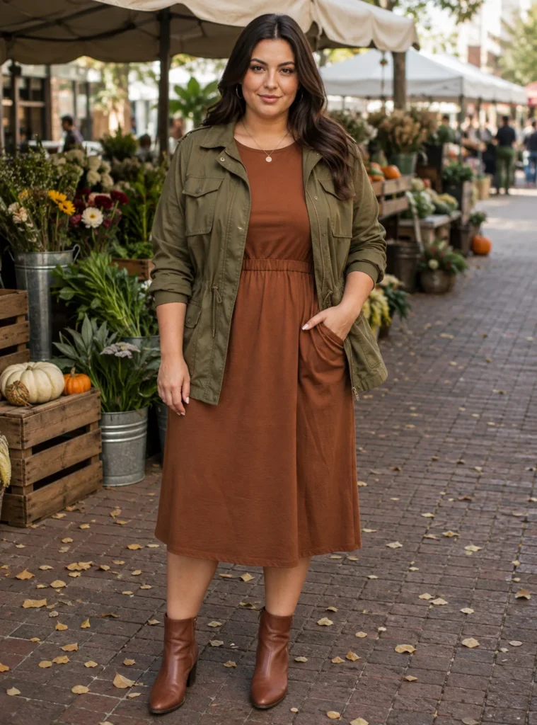 Utility Jacket Over Simple Fall Dress