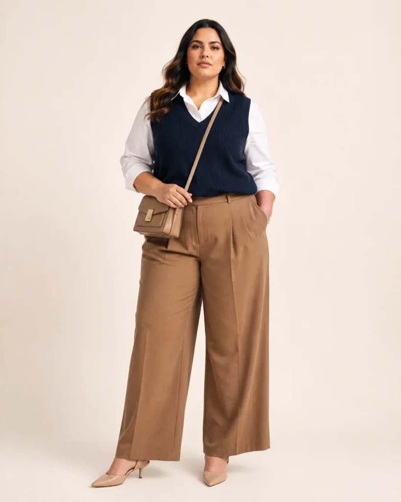 White Shirt + Navy Sweater Vest + Camel Trousers