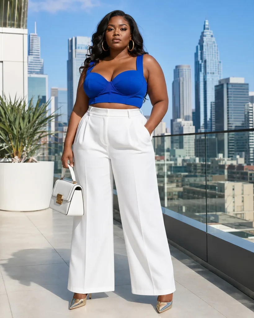 White Wide-Leg Trousers + Cobalt Crop Top