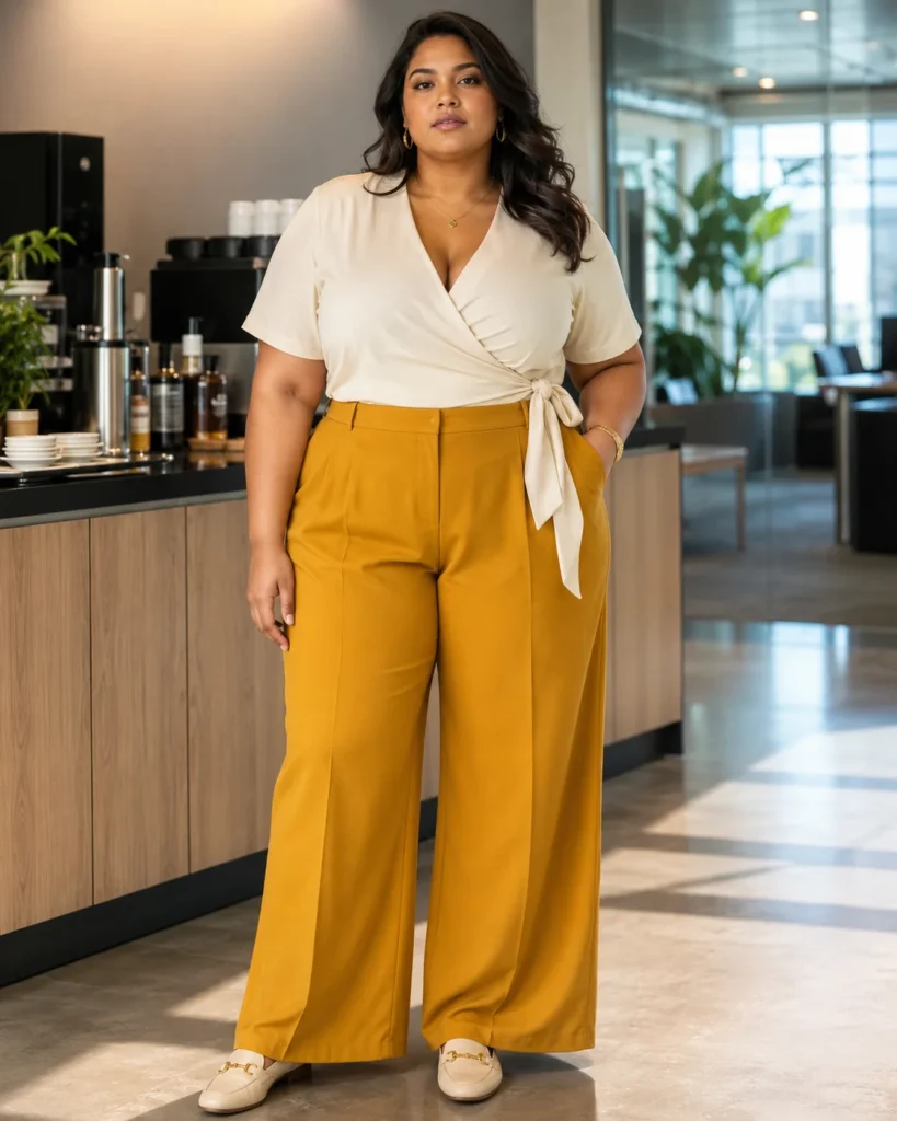 Wide Trousers, Wrap Top and Loafers