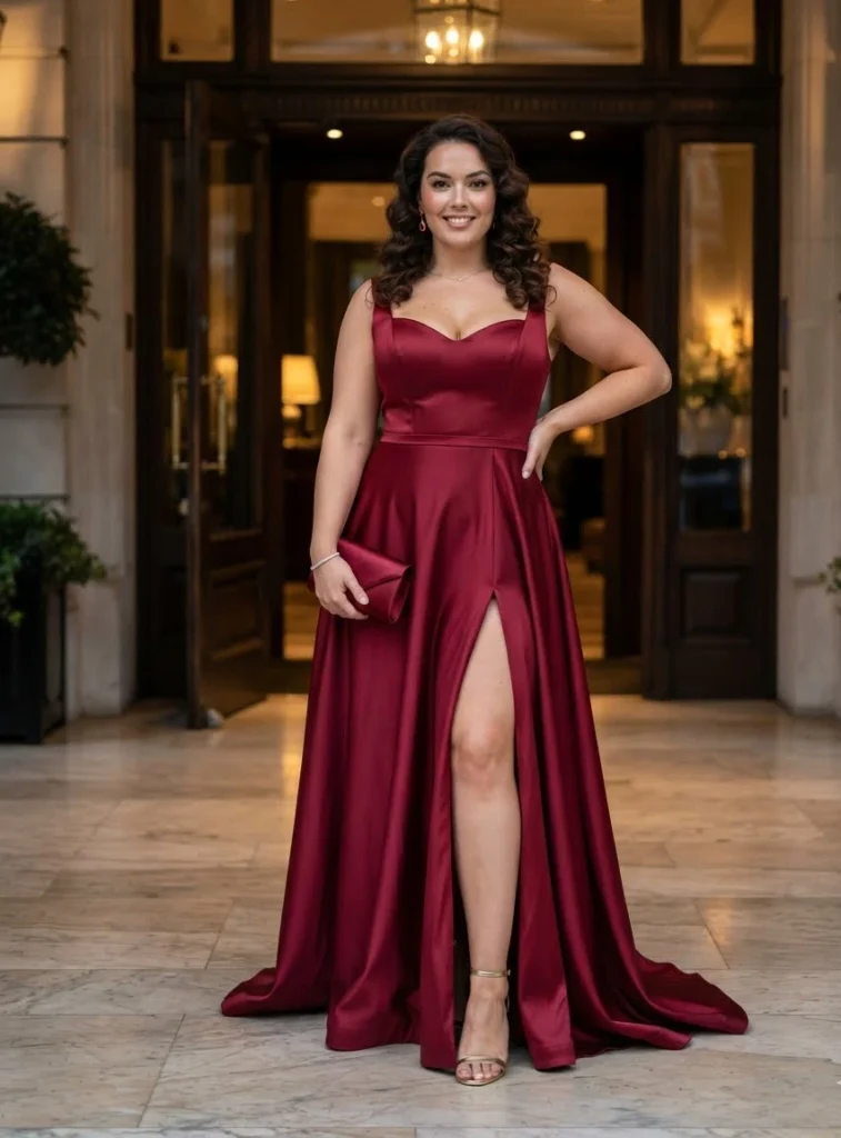 Wine Red High-Slit Satin Formal Gown