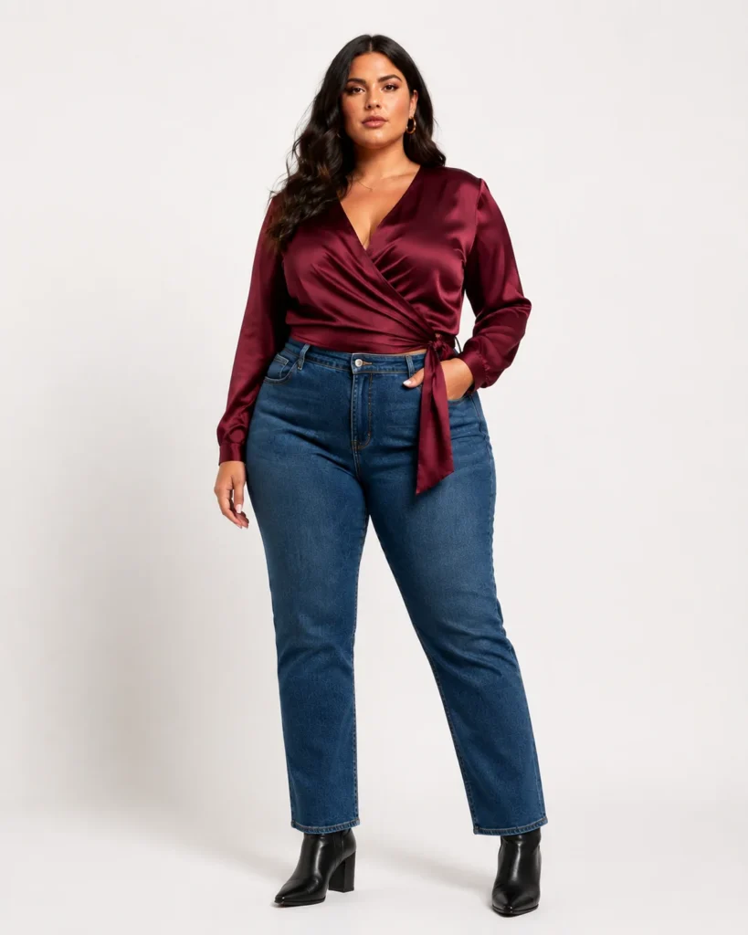 Wine Satin Wrap Top + Straight Denim + Ankle Boots