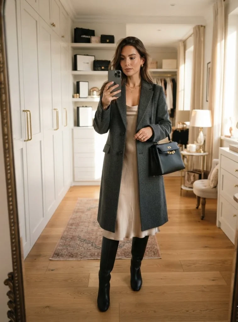 Wool Coat Over a Silk Slip Dress