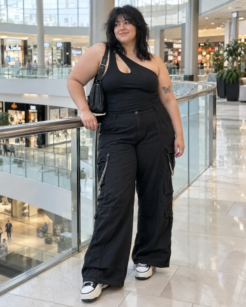 2000s Mall Goth Cargo Flares & Asymmetrical Cutout Top