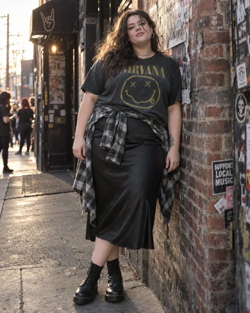 90s Grunge Band Tee & Bias Satin Midi