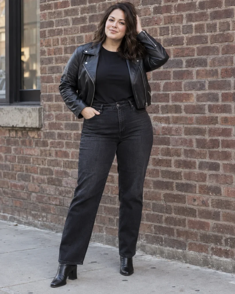 All-Black Faux Leather Moto & Straight Denim