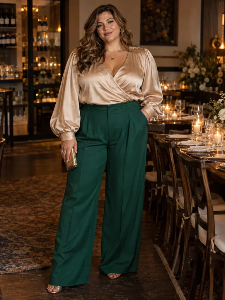 Balloon-Sleeve Satin Wrap Blouse + Emerald Trousers