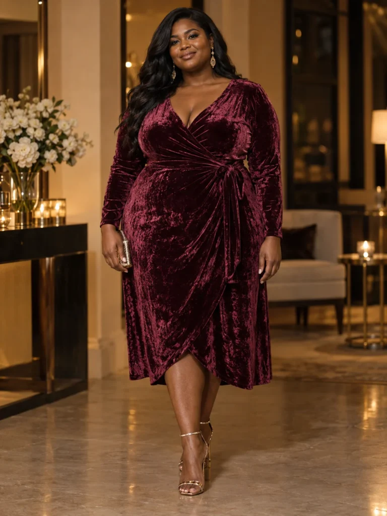 Berry Crushed-Velvet Wrap Dress
