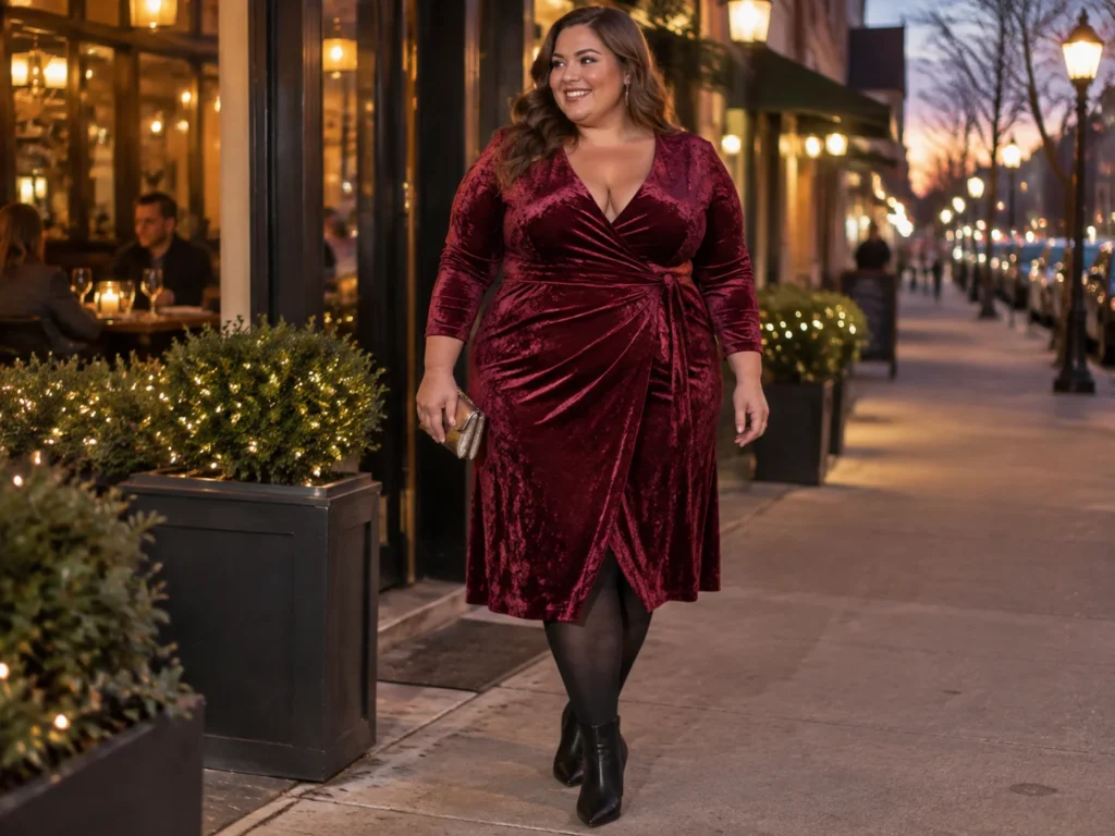 Berry Velvet Wrap Dress With Pointed Booties