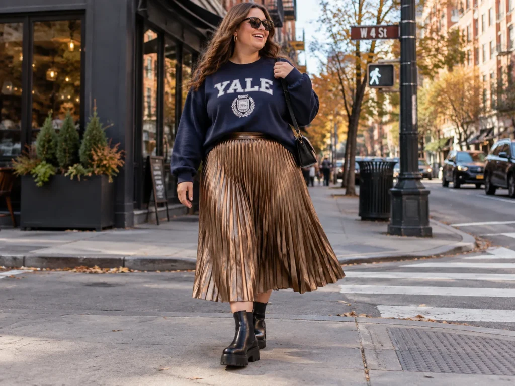Bronze Metallic Pleats With a Collegiate Sweatshirt