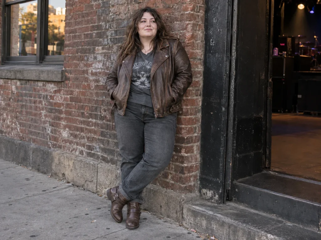 Brown Moto Jacket With Charcoal Denim