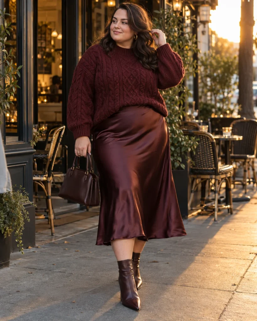 Burgundy Bias-Cut Satin Midi Skirt