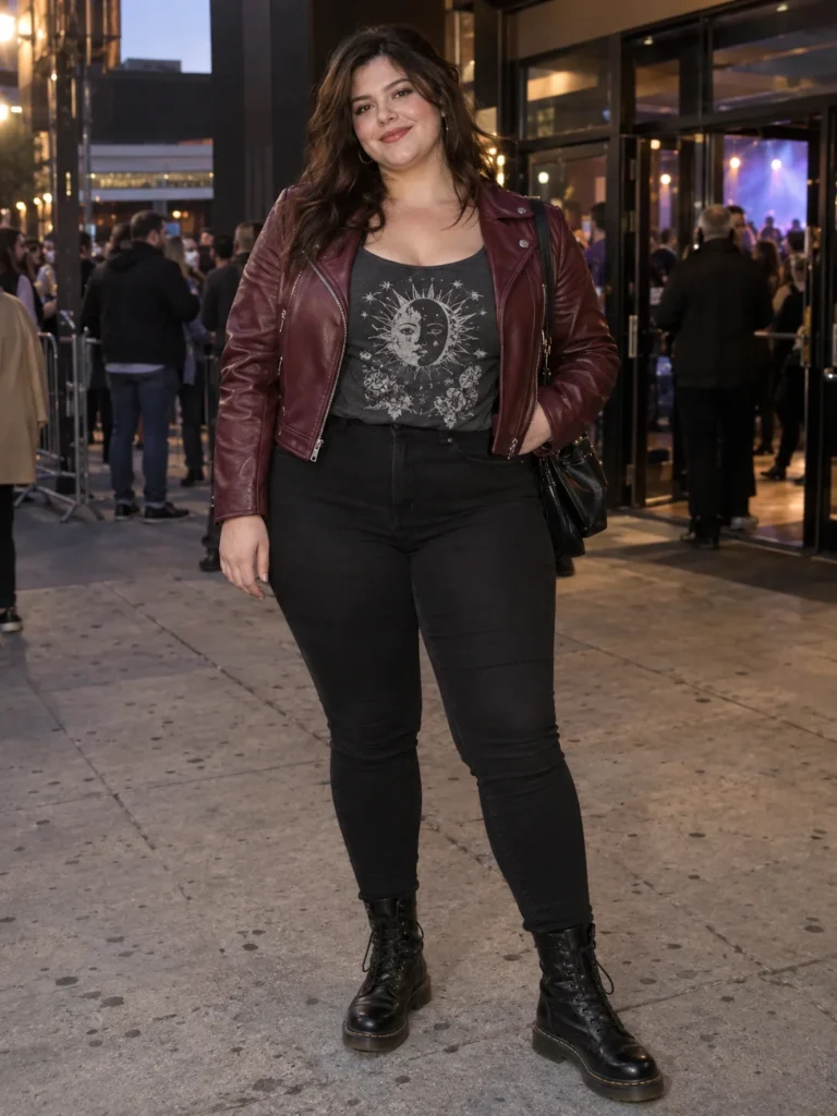 Burgundy Moto Jacket & Black Skinnies