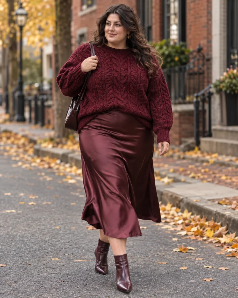 Burgundy Satin Midi Skirt & Chunky Knit