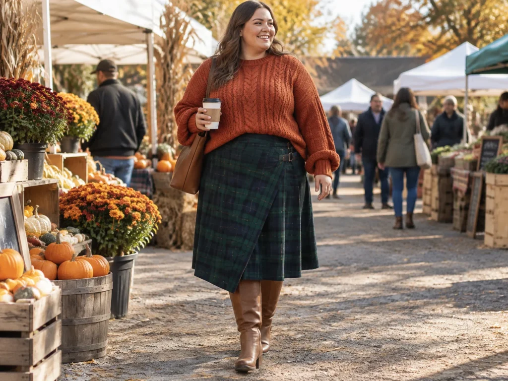 Burnt Orange Cable Knit With a Tartan Wrap Skirt