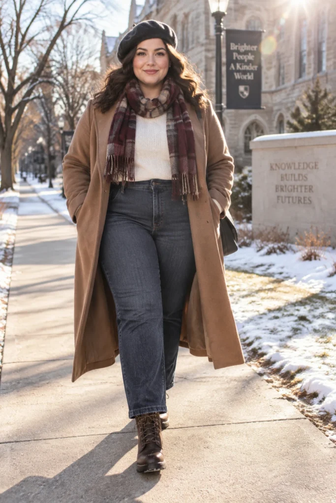 Calf-Length Wool Coat, Merino Layers and Dark Straight Jeans
