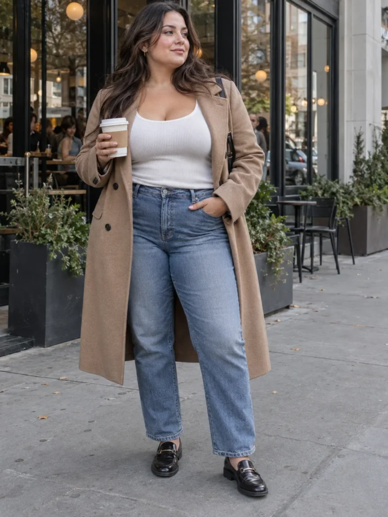 Camel Coat & Straight-Leg Denim