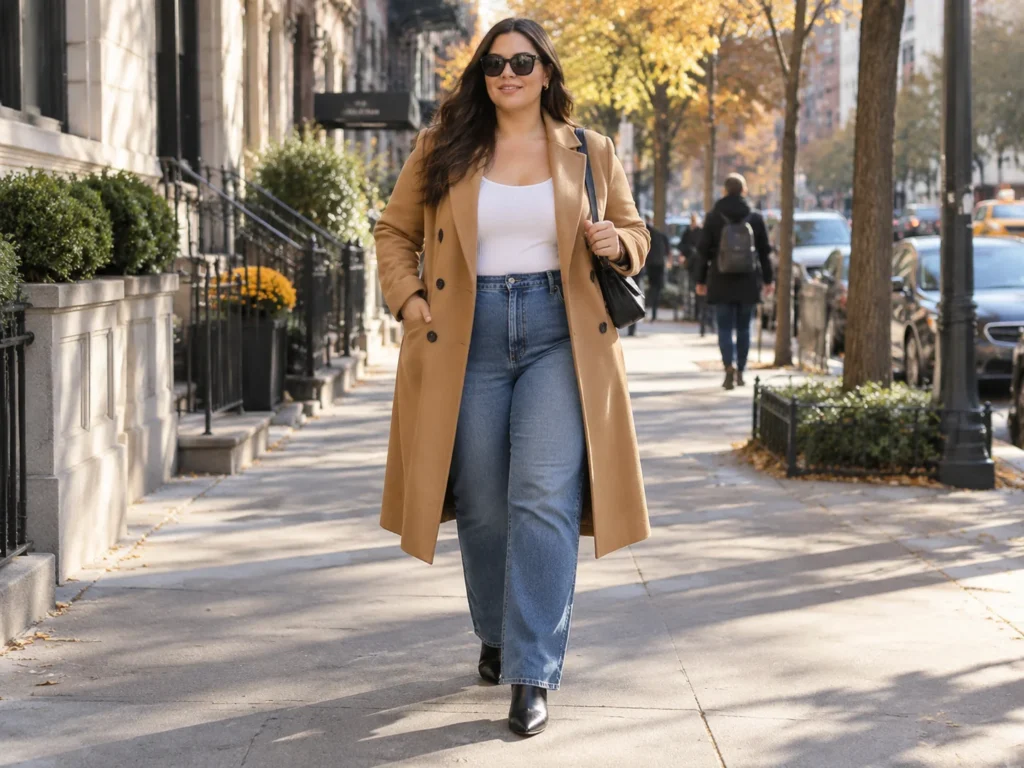 Camel Wool Coat Over a White Tank