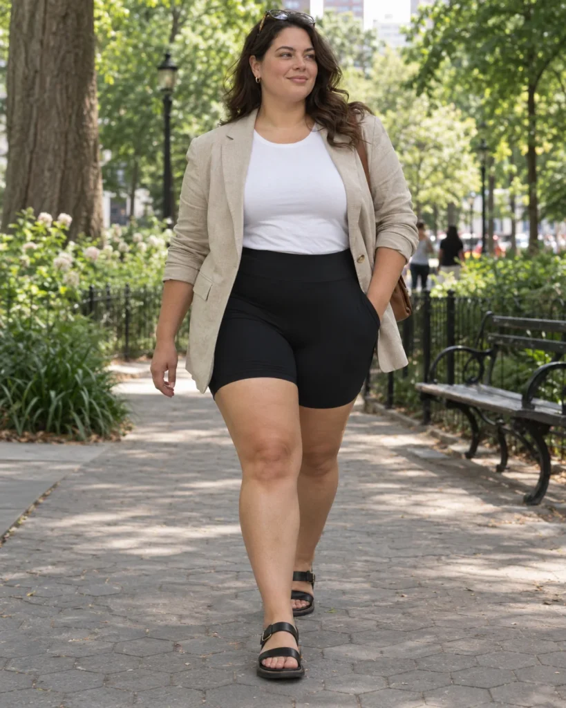 Casual Linen Blazer + Bike Shorts + Basic Tee