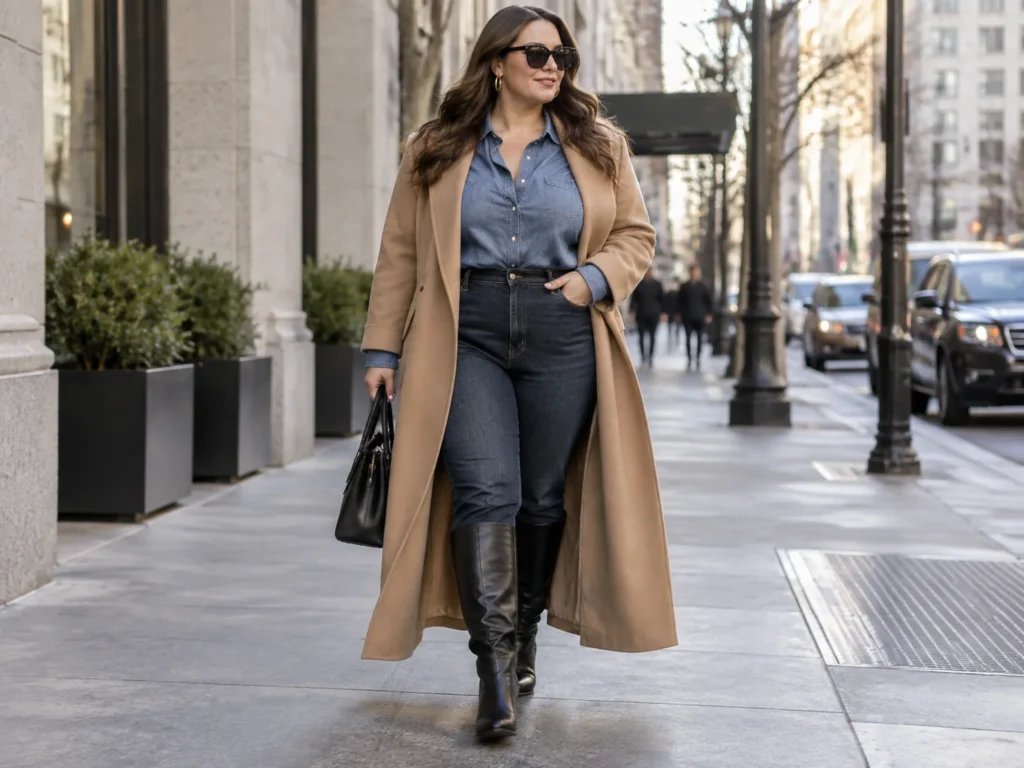 Chambray and Camel Coat Over Tall Boots