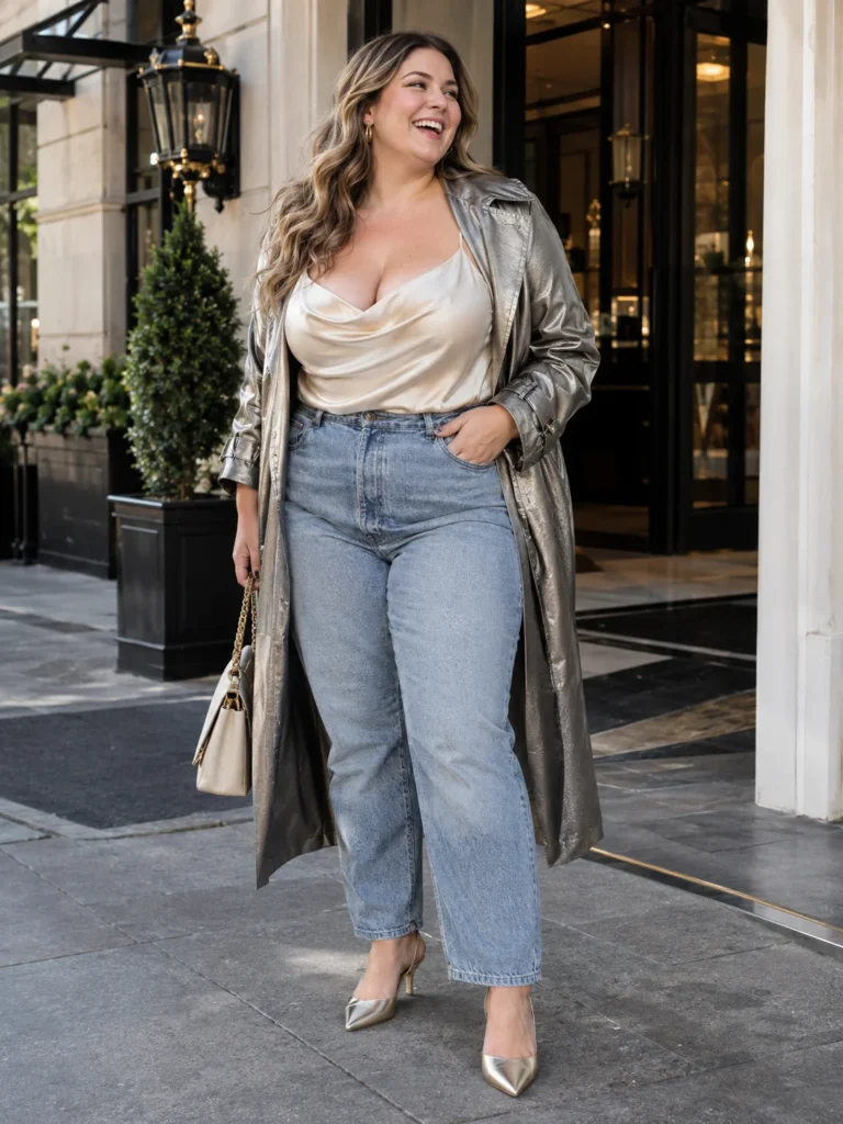 Champagne Cowl Cami + Mom Jeans + Metallic Trench
