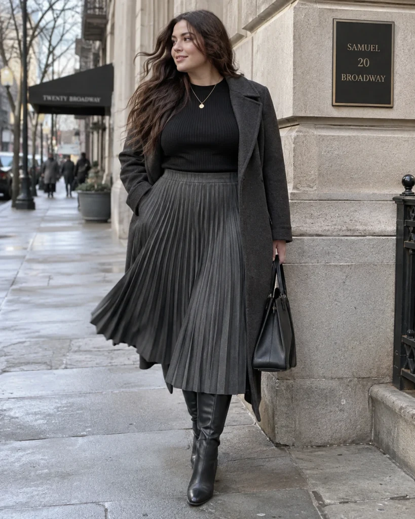 Charcoal Pleated Midi Skirt & Tall Boots