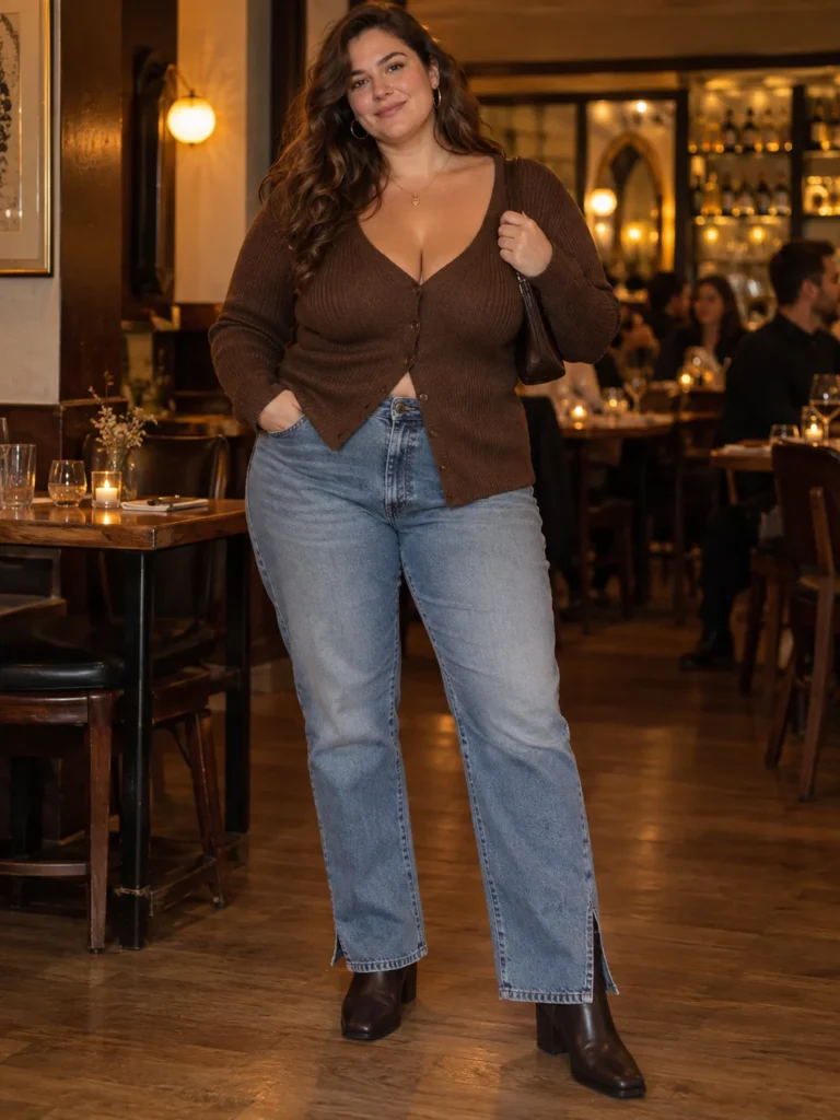 Chocolate Cardigan & Split-Hem Denim