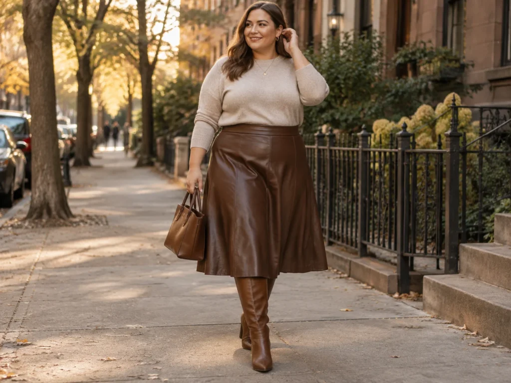 Chocolate Faux-Leather A-Line With Fine Cashmere