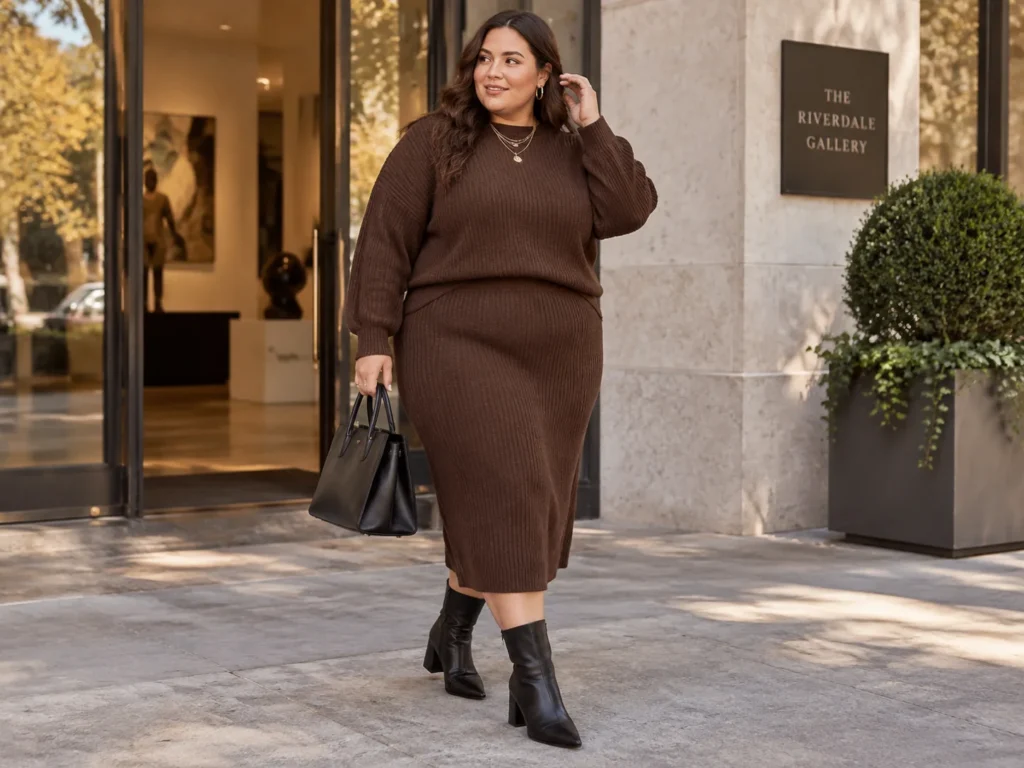 Chocolate Knit Set With Pointed Block-Heel Booties