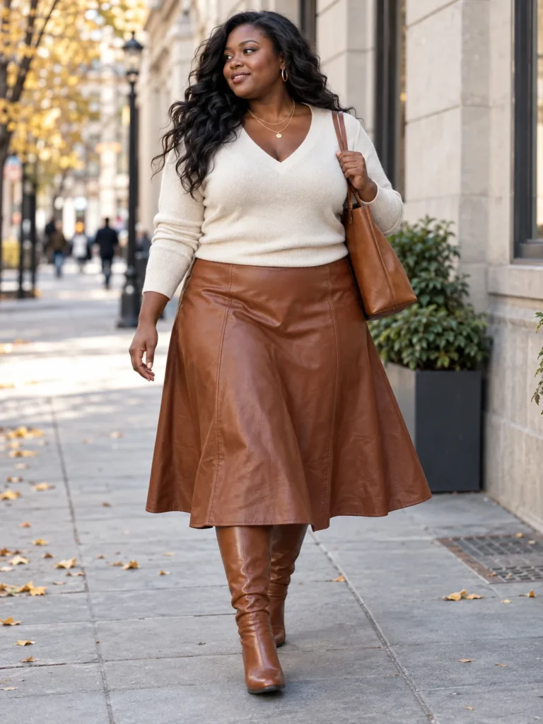 Cognac Leather Skirt & Cream Cashmere