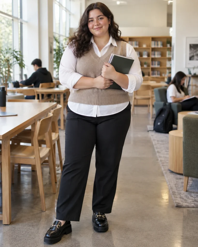 Collared Shirt, Sweater Vest and Straight Ponte Trousers