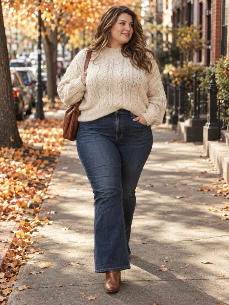 Cream Cable-Knit & Dark Flares