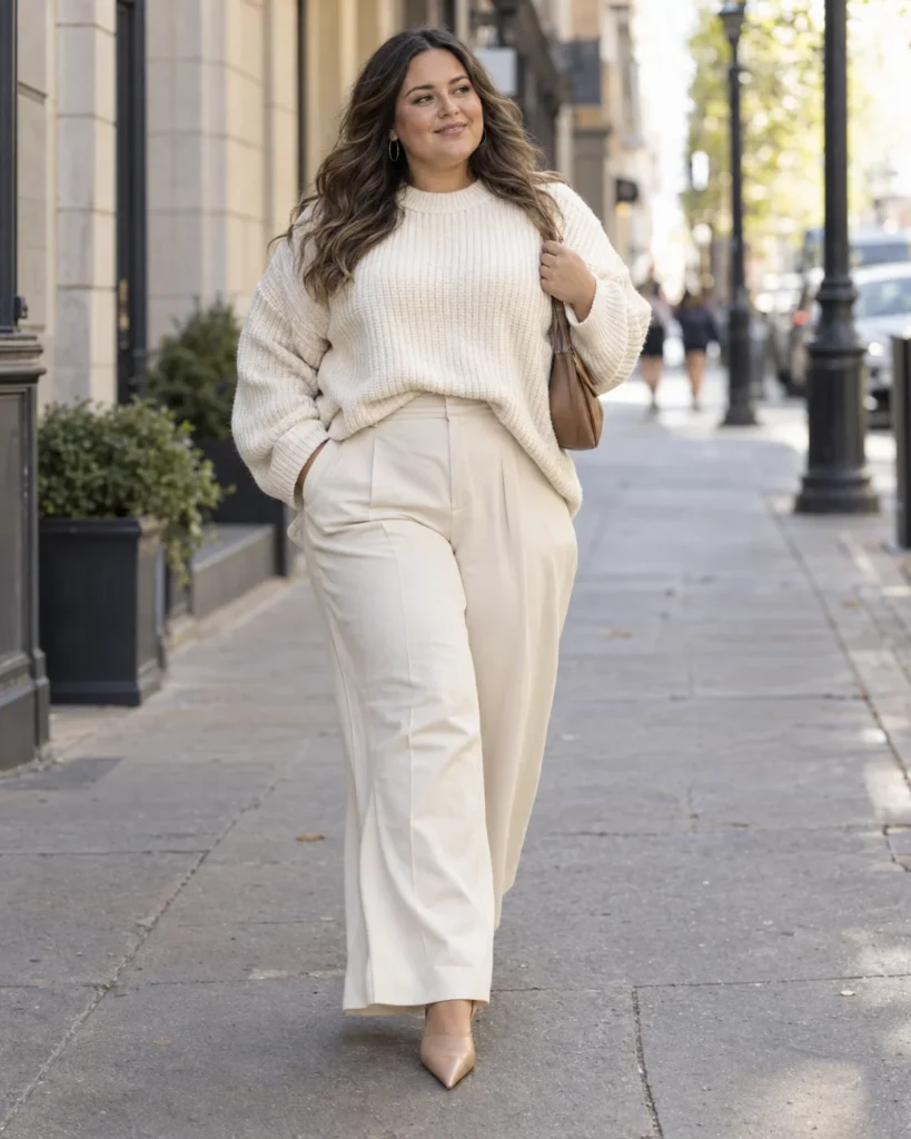 Cream Chunky Ribbed Knit & Pleated Wide-Leg Trousers
