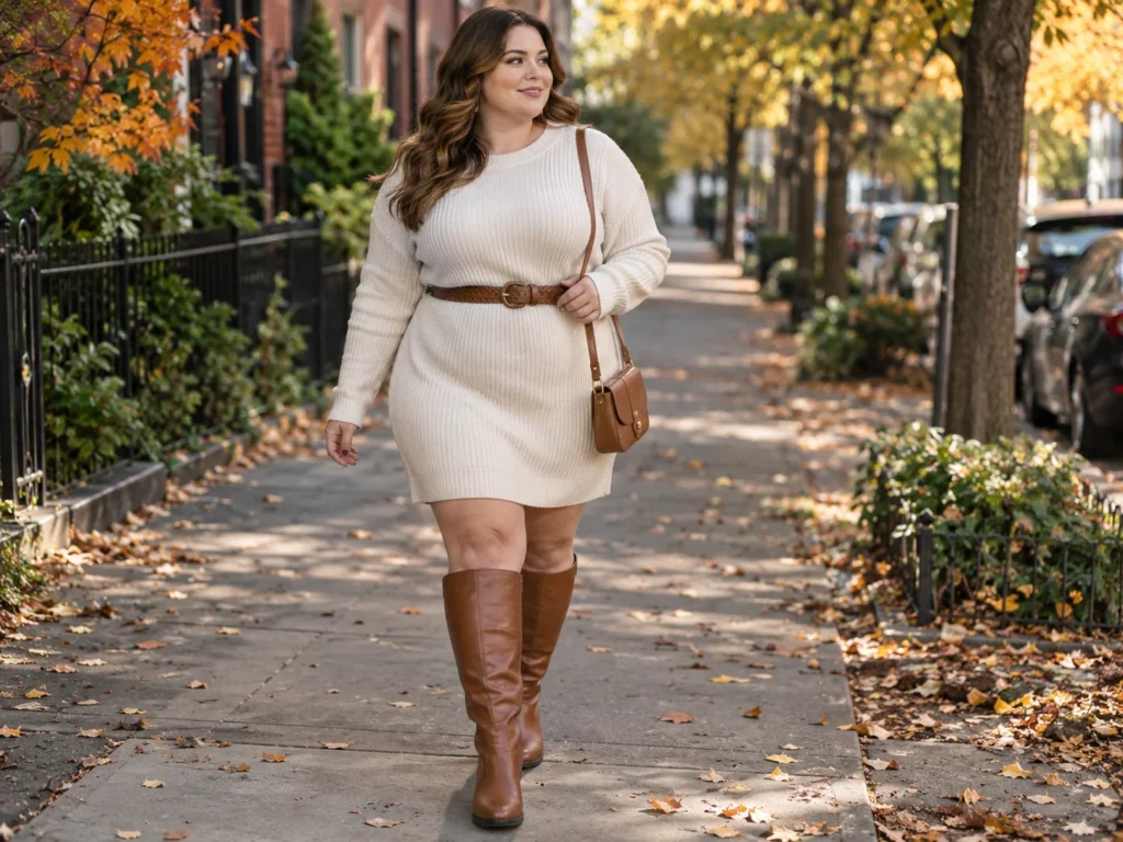Cream Sweater Dress With Cognac Riding Boots