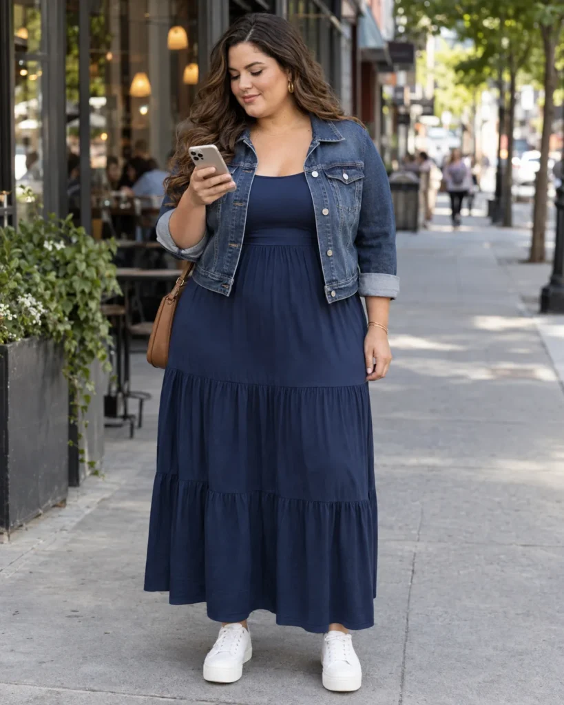 Cropped Denim Jacket Over Tiered Jersey Maxi