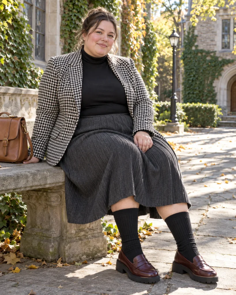 Dark Academia Houndstooth Blazer & Stretchy Pleats