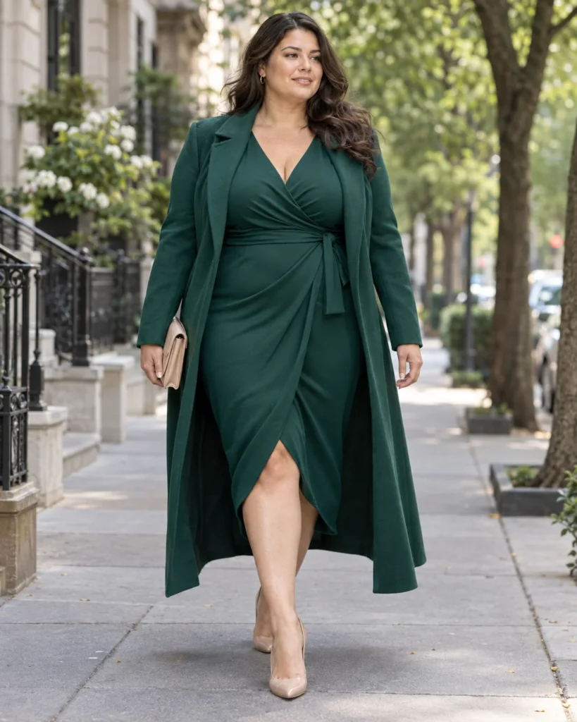 Deep Emerald Wrap Dress & Tailored Duster Coat