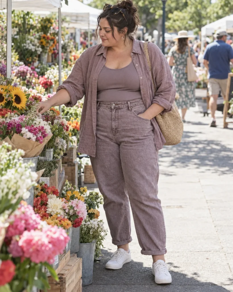 Dusty Mauve Linen Shirt & Washed Mom Jeans