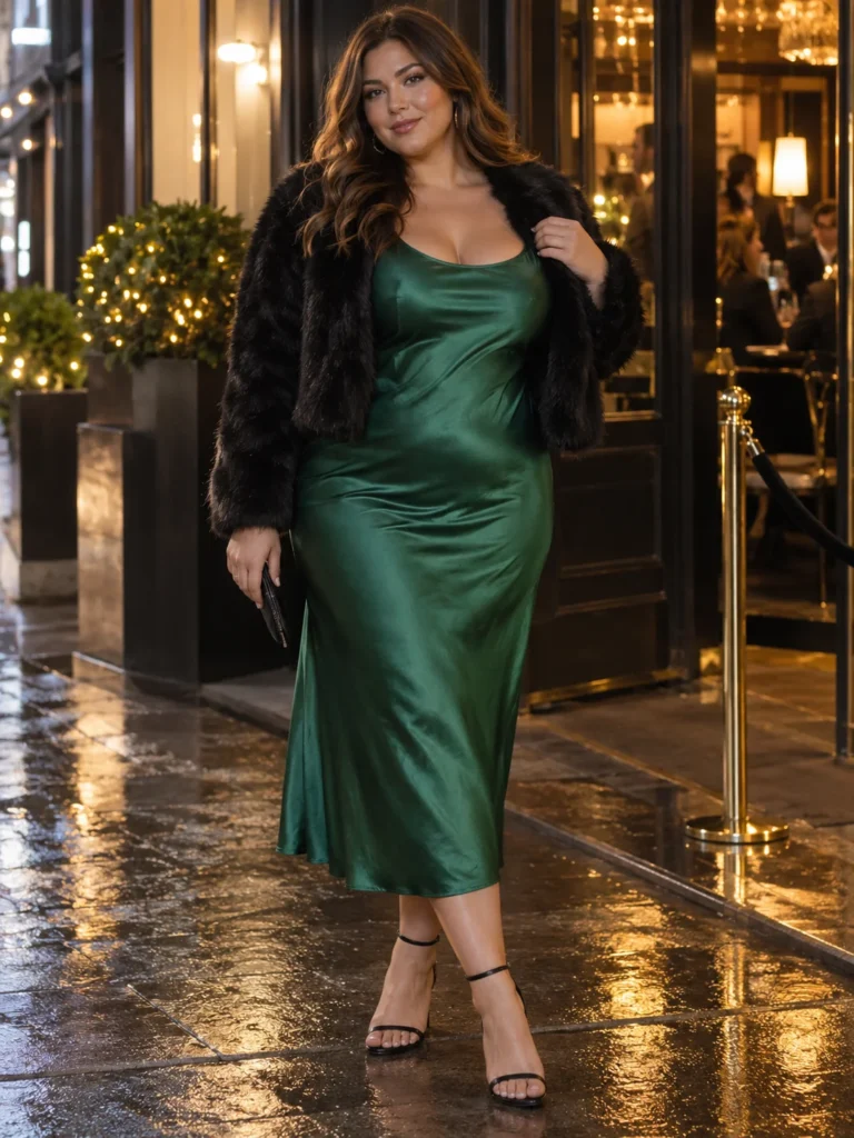 Emerald Bias-Cut Satin Slip + Faux Fur