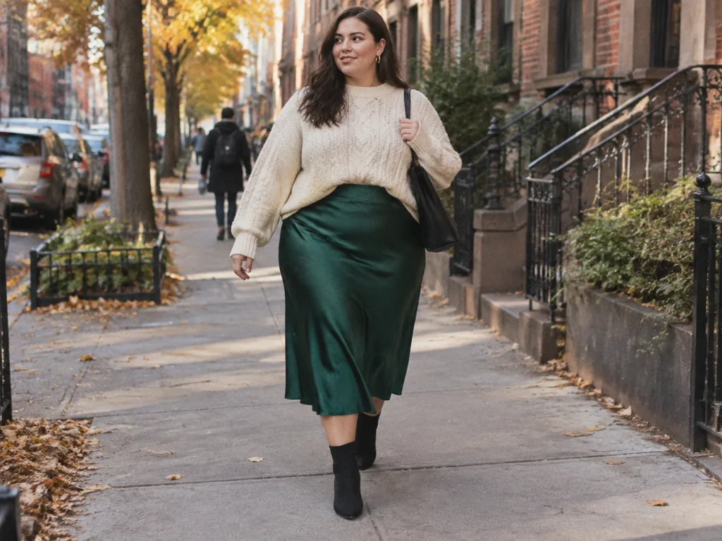 Emerald Bias Satin Midi With a Chunky Cream Knit