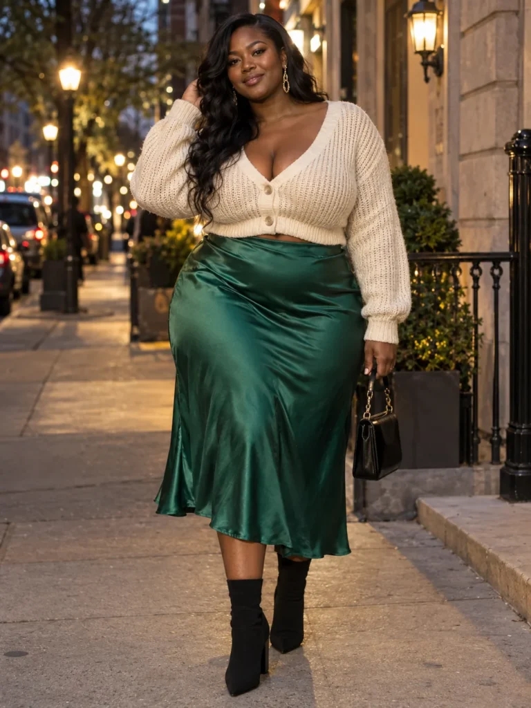 Emerald Satin Slip Skirt & Cropped Cardigan