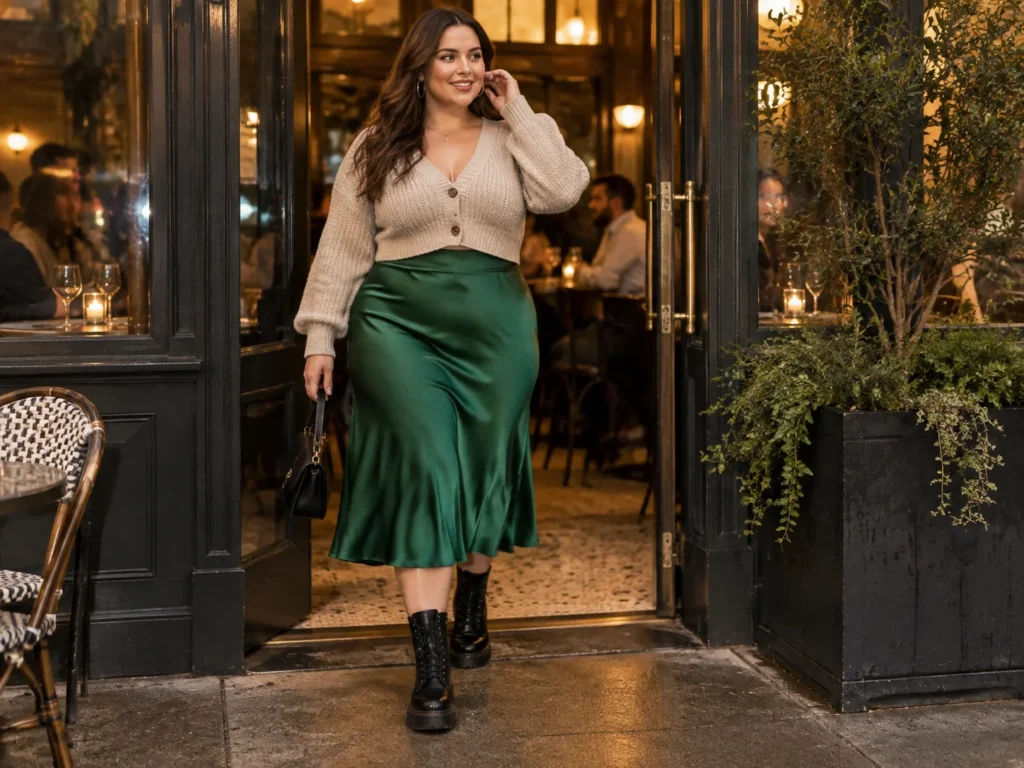 Emerald Satin Slip Skirt With Combat Boots