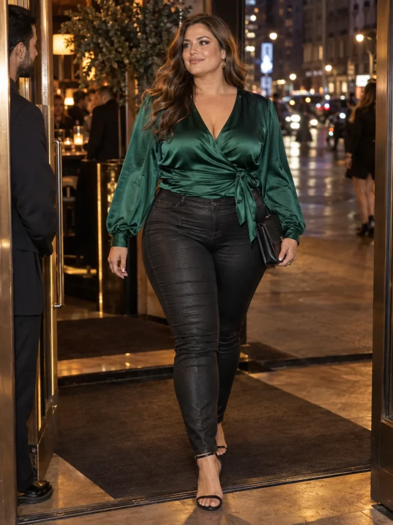 Emerald Satin Wrap Blouse & Coated Denim