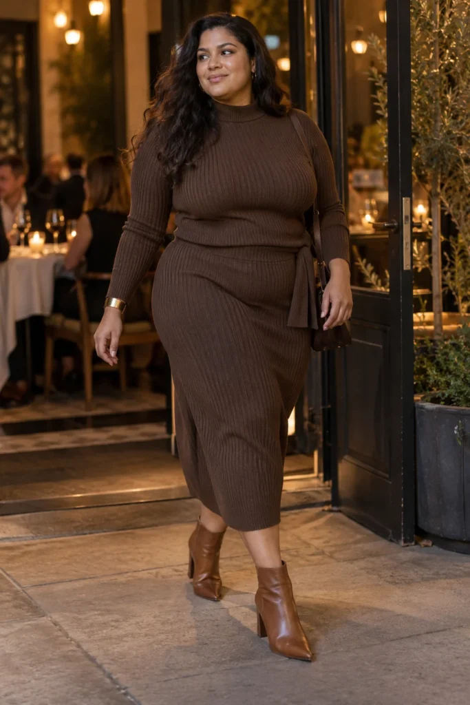 Espresso Knit Set With Pointed Cognac Booties